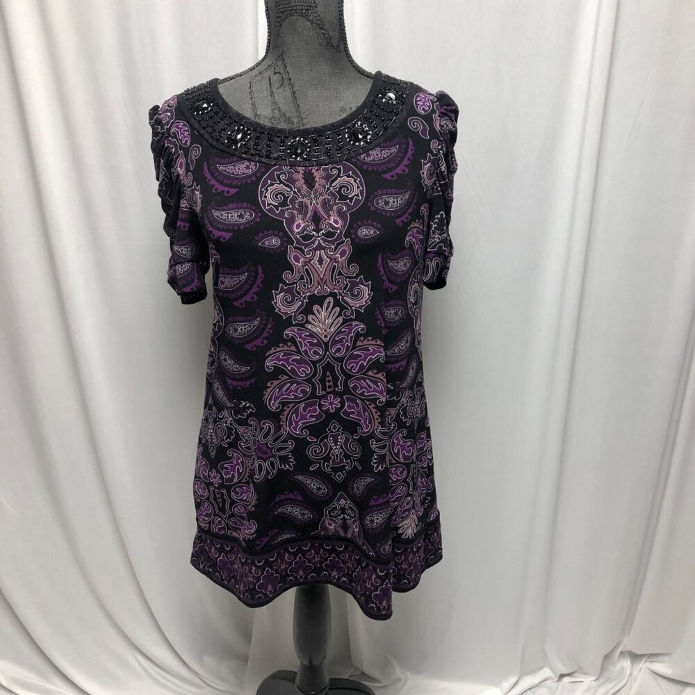 Apt 9 Top Womens Size Small Black Purple Bedazzled Paisley Stretchy Tunic